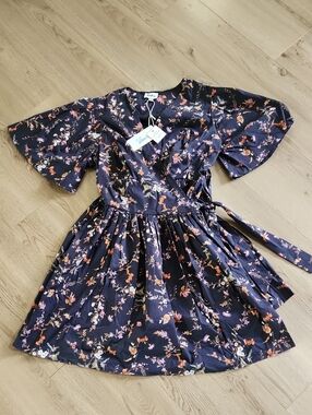 NWT Plus Size Leota Navy Floral Wrap Dress with Orange & Pink Blooms
